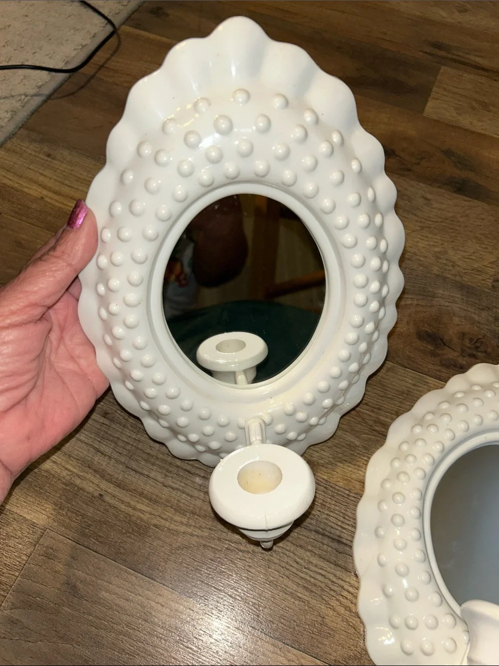 Vintage 80 s Burwood White Hobnails Decorative Wall Sconce Mirrors - Pair